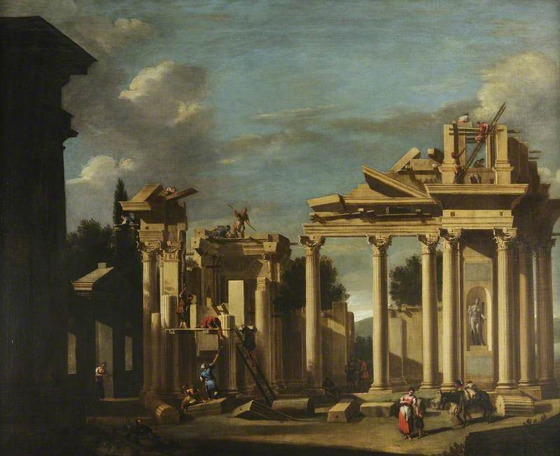 La construction d'un temple classique dans un paysage - Sebastiano Ricci image 1 reproduction artisanale de tableau
