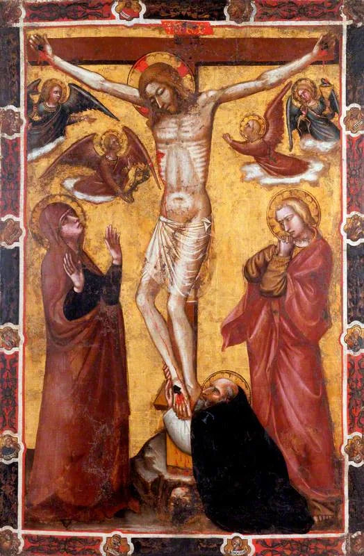 La Crucifixion avec la Vierge et saint Jean ; saint Antoine l'abbé au pied de la croix (un côté d'une bannière processionnelle) (autrefois attribuée à Barnaba da Modena) - Spinello Aretino image 1 reproduction de peinture à l’huile