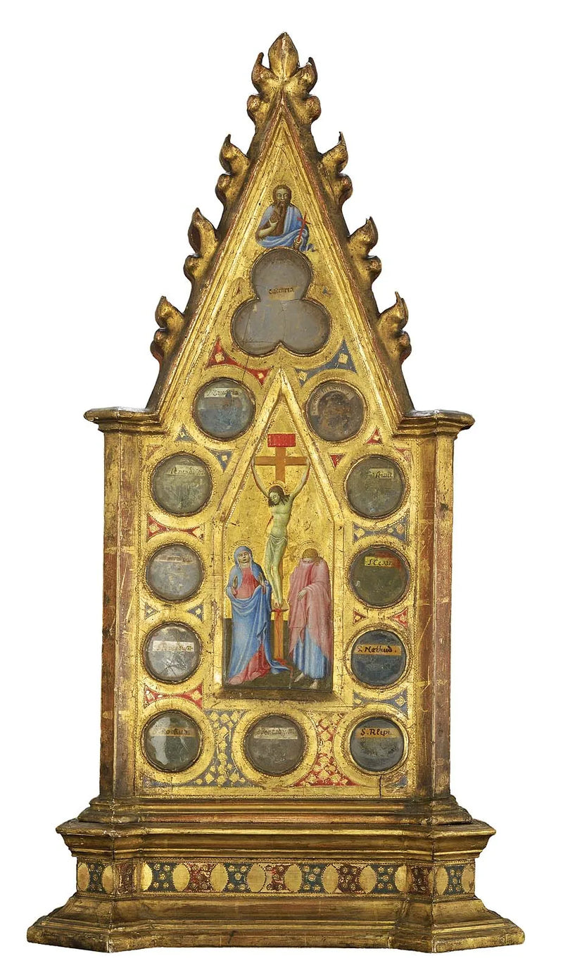 La Crucifixion avec la Vierge et saint Jean, avec saint Jean-Baptiste (ci-dessus) ; un saint franciscain en prière devant une vision du Christ et des saints, avec un saint (ci-dessus) (recto et verso) - Master of the Osservanza