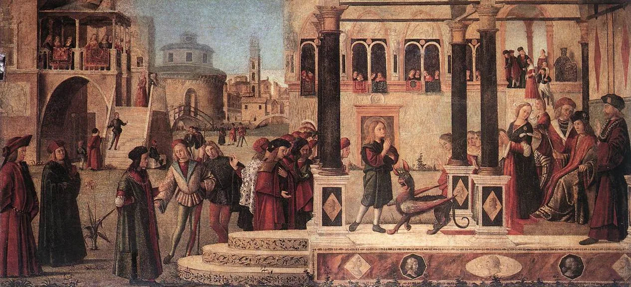 La fille de l'empereur Gordien est exorcisé par saint Triphun - Vittore Carpaccio image 1 reproduction de peinture à l’huile