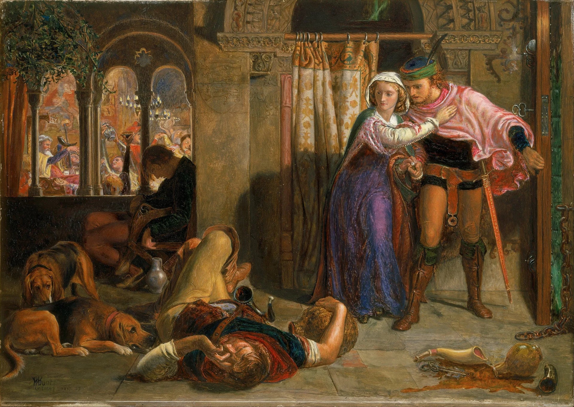 La fuite de Madeline et Porphyro durant l'ivresse qui accompagne les festivités (La veille de la Sainte-Agnès) - William Holman Hunt image 1 copie peinte à la main à l’huile