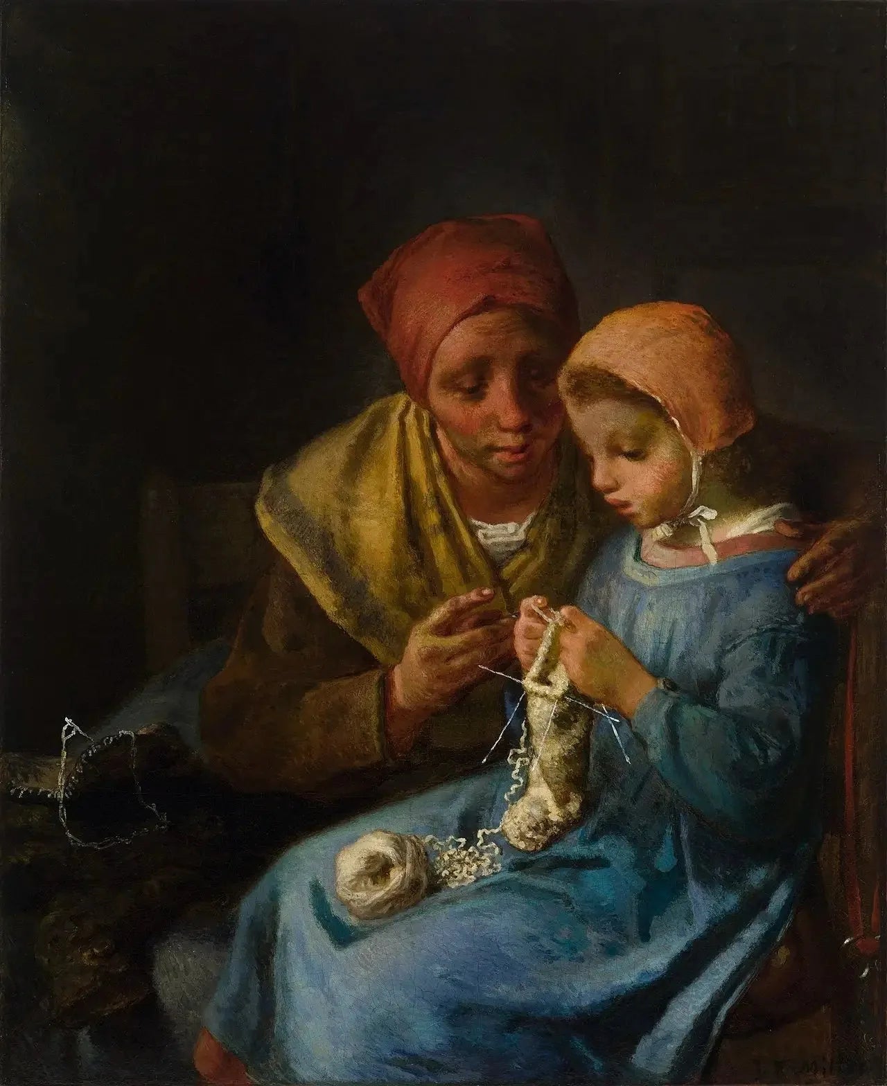 La leçon de tricot - Jean-François Millet image 1 reproduction de peinture à l’huile