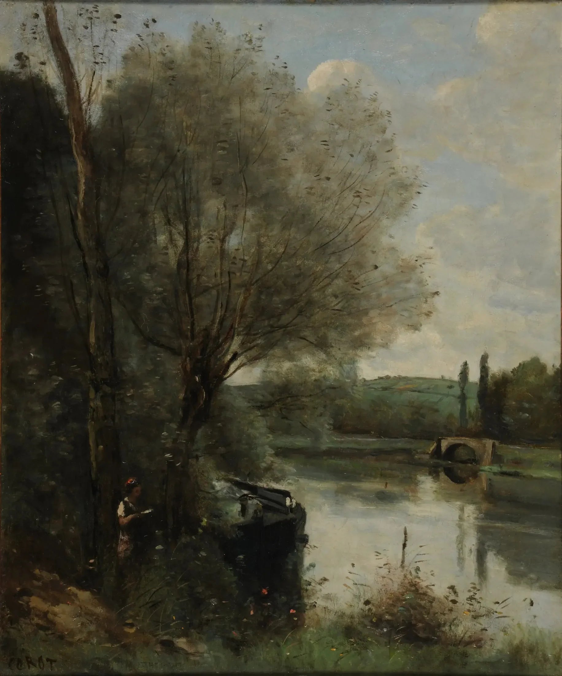 La Liseuse sur la rive boisée - Jean-Baptiste Camille Corot image 1 copie de tableau peinte à la main