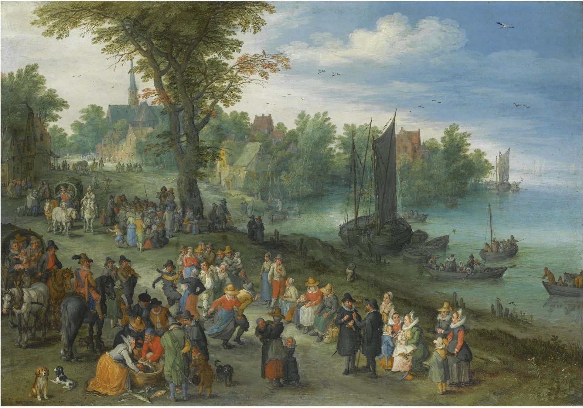 La lisière d'un village avec des personnages dansant sur la rive d'une rivière, un vendeur de poisson et un autoportrait de l'artiste - Jan Brueghel l'Ancien image 1 tableau peint à l’huile sur toile