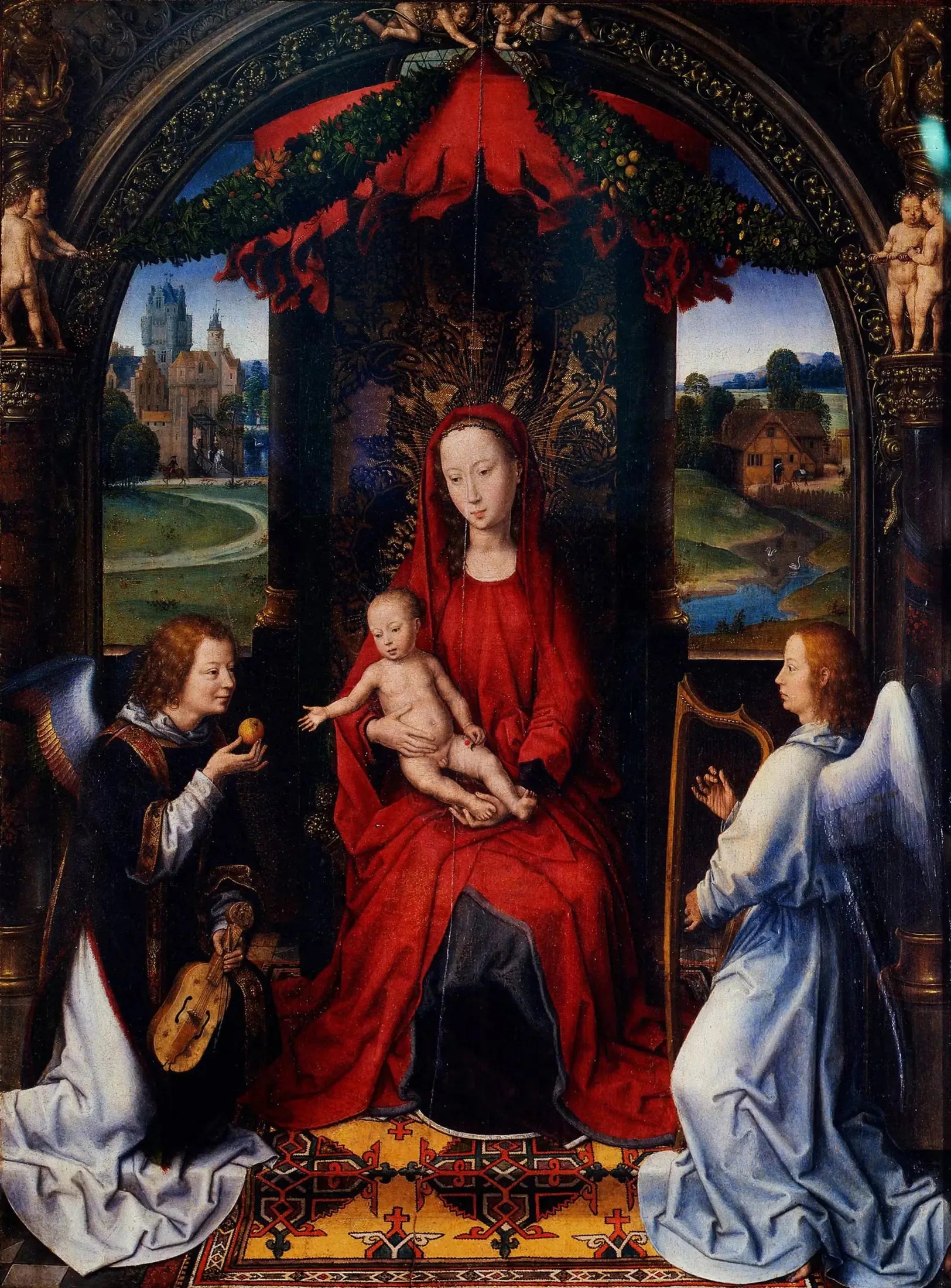 La Madone trônant avec l'enfant et deux anges musiciens - Hans Memling image 1 reproduction artisanale de tableau