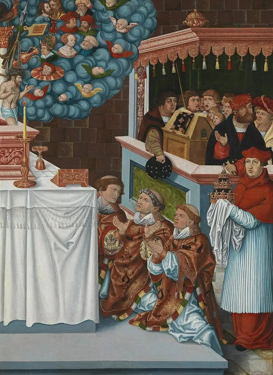 La messe de saint Grégoire avec le cardinal Albrecht de Brandebourg - Lucas Cranach the Elder image 1 tableau peint à l’huile sur toile