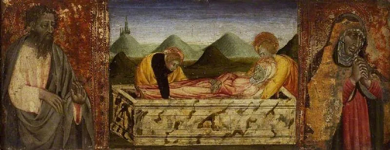 La mise au tombeau de la Vierge avec saint Barthélemy (à gauche) et une sainte (à droite) - Giovanni di Paolo image 1 copie peinte à la main à l’huile