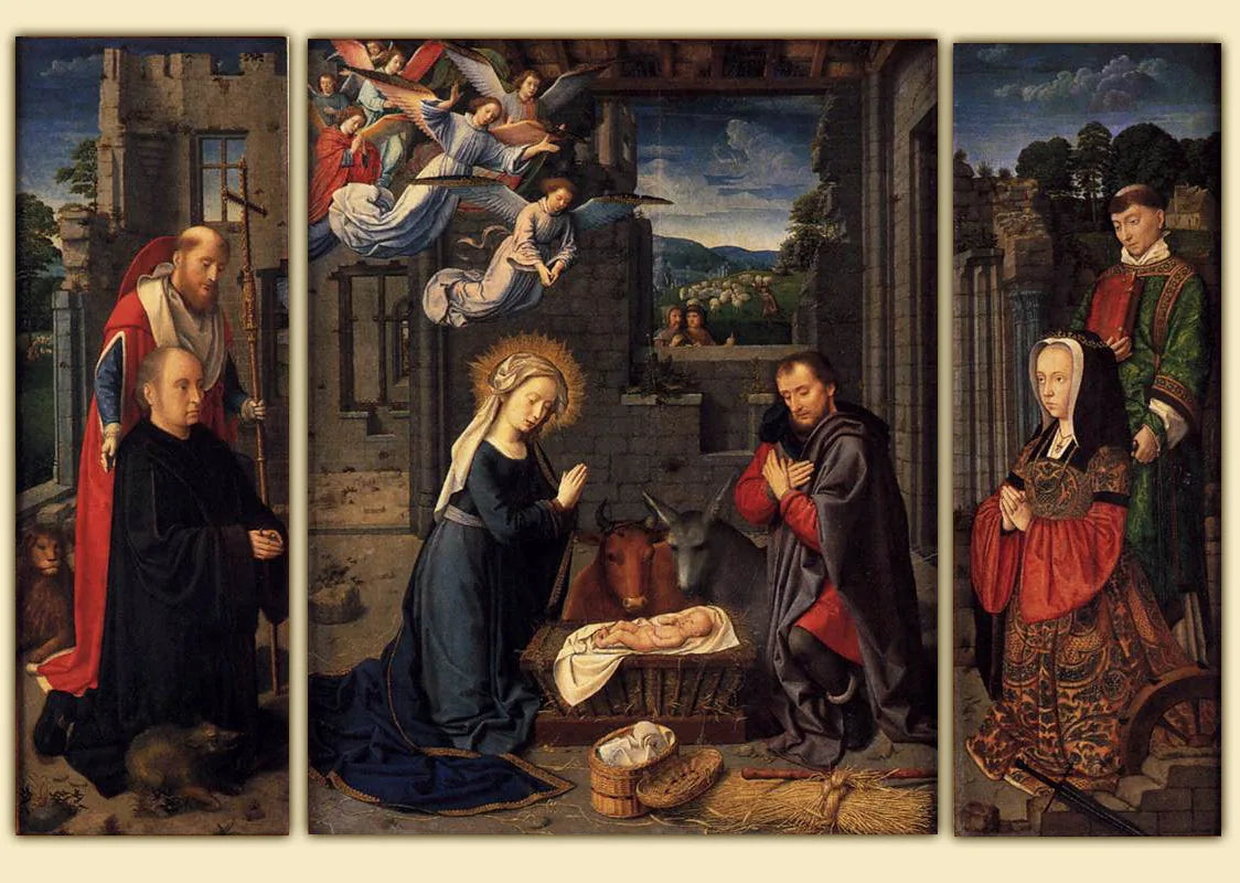 La Nativité avec les donateurs et les saints Jérôme et Léonard - Gérard David image 1 reproduction artisanale de tableau