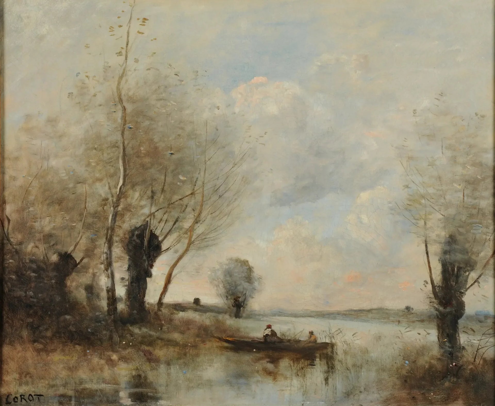 La pêche en barque auprès des saules - Jean-Baptiste Camille Corot image 1 copie peinte à la main à l’huile