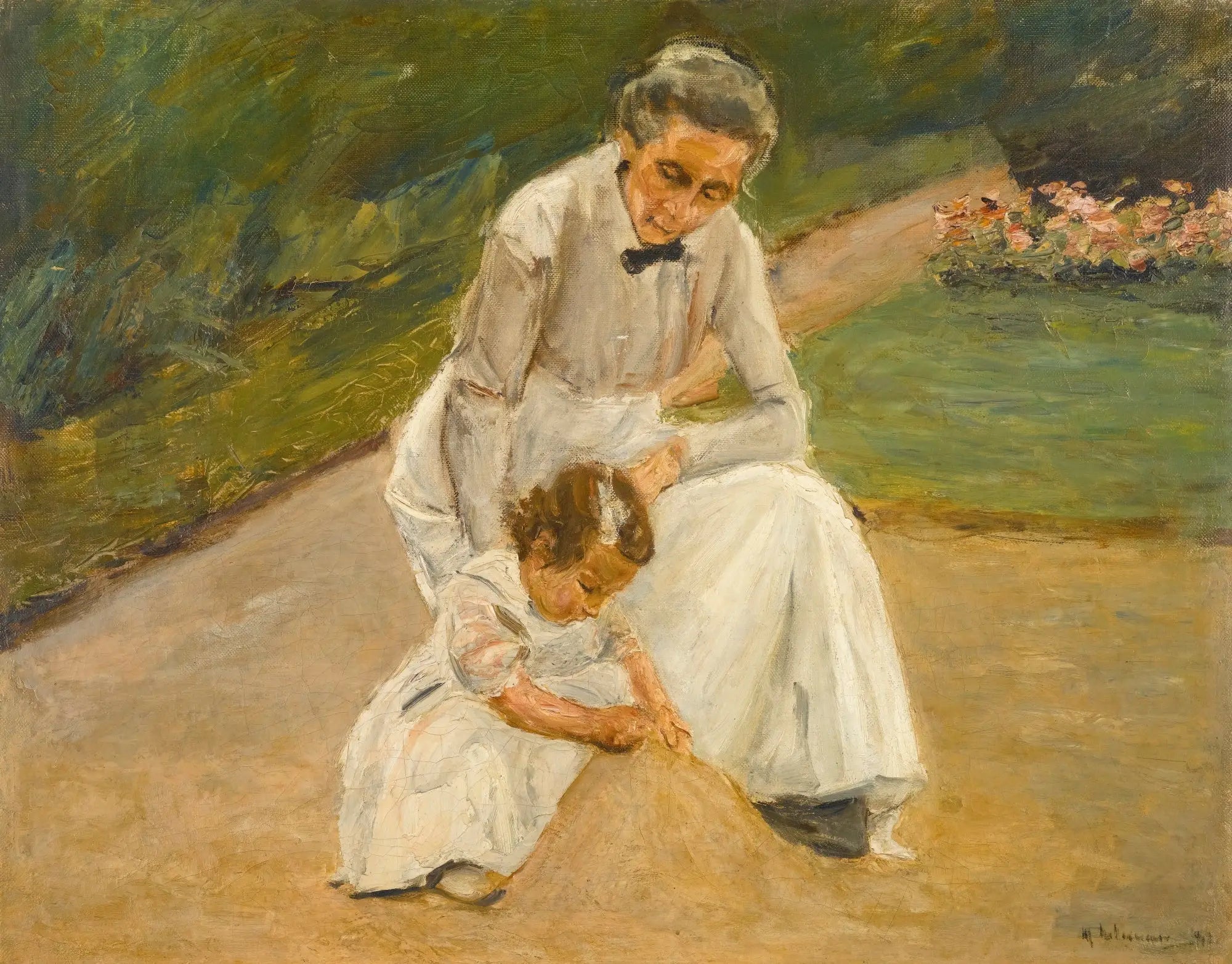 La petite-fille de l'artiste et sa nourrice jouant dans le jardin - Max Liebermann image 1 copie de tableau peinte à la main