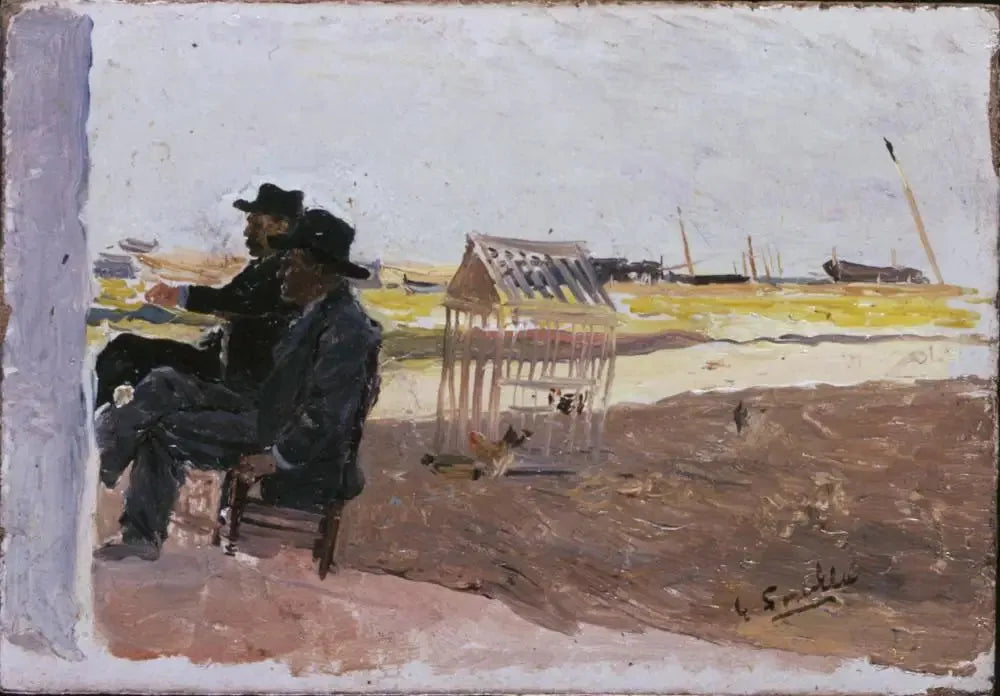 La Plage, Valence (Deux Hommes Assis) - Joaquín Sorolla image 1 reproduction artisanale de tableau