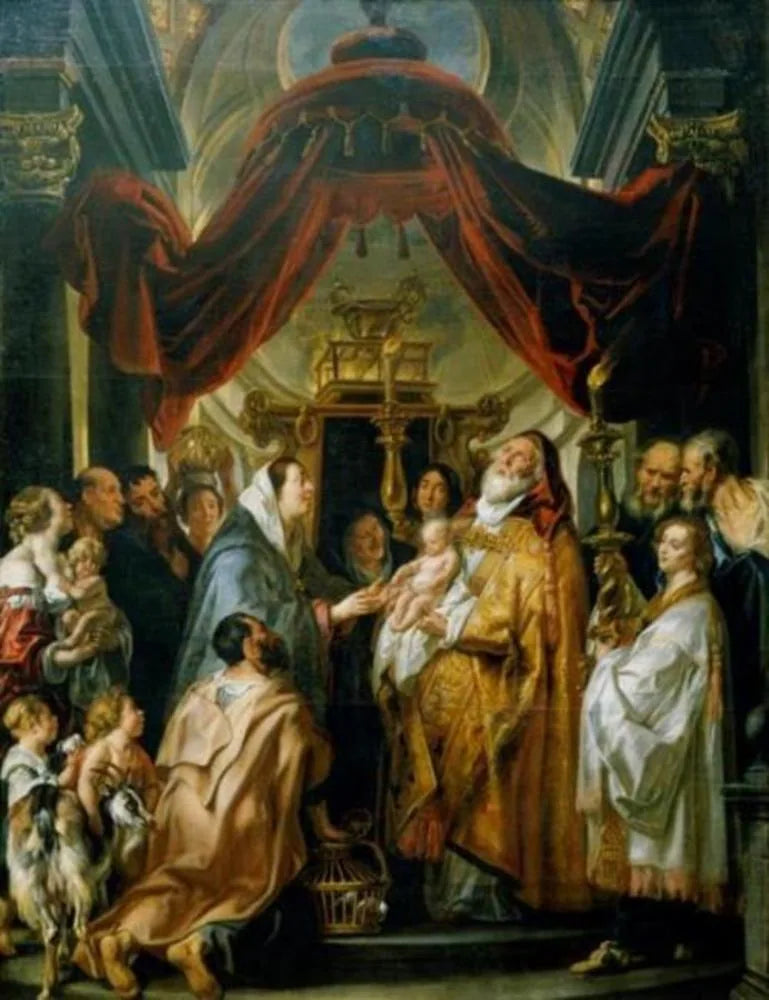 La présentation au temple ; Siméon, tenant l'Enfant-Jésus, chante son cantique : « Nunc dimittis » - Jacob Jordaens image 1 reproduction de peinture à l’huile