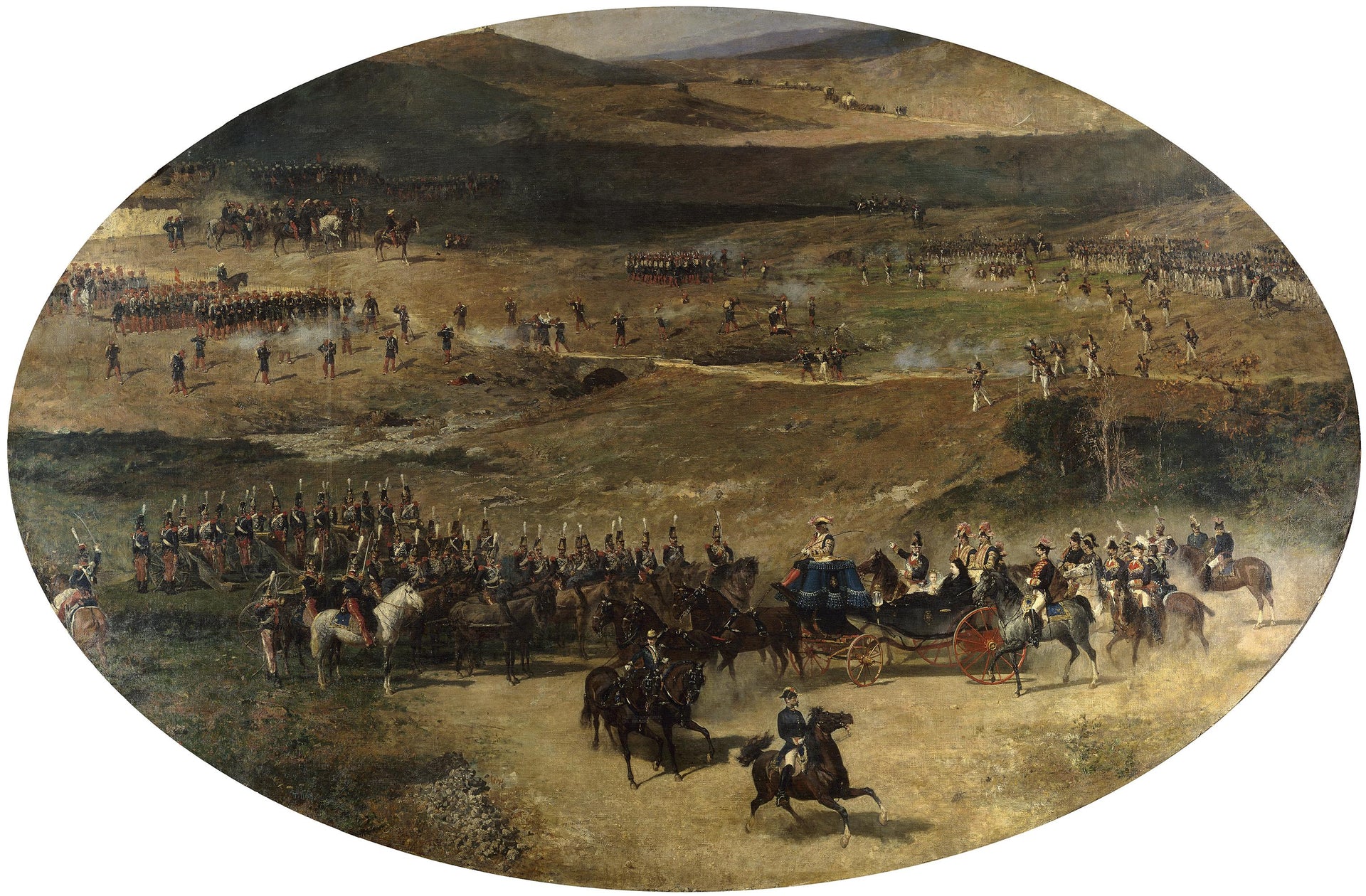 La reine Marie-Christine et sa fille, Isabelle II, passent en revue les batteries d'artillerie défendant Madrid en 1837. - Mariano Fortuny Marsal image 1 reproduction de peinture à l’huile