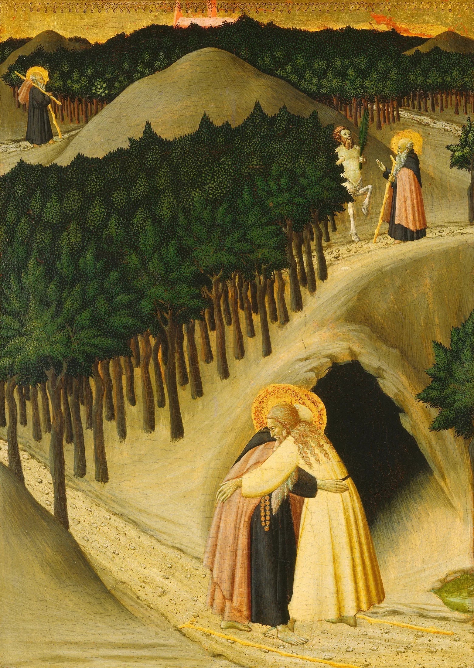 La rencontre de saint Antoine et de saint Paul - Master of the Osservanza image 1 copie peinte à la main à l’huile