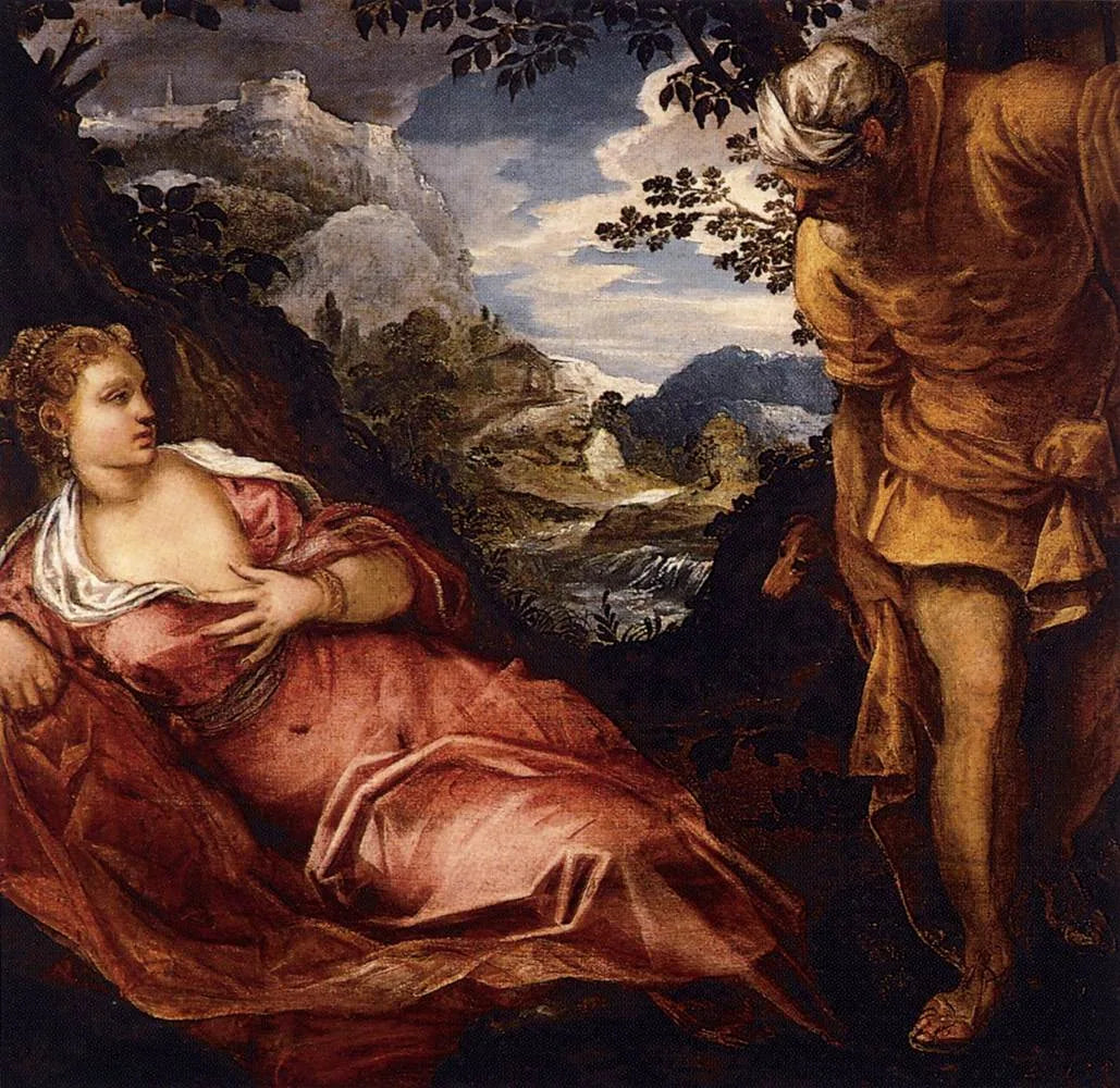 La rencontre de Tamar et de Juda - Jacopo Tintoretto image 1 reproduction de peinture à l’huile