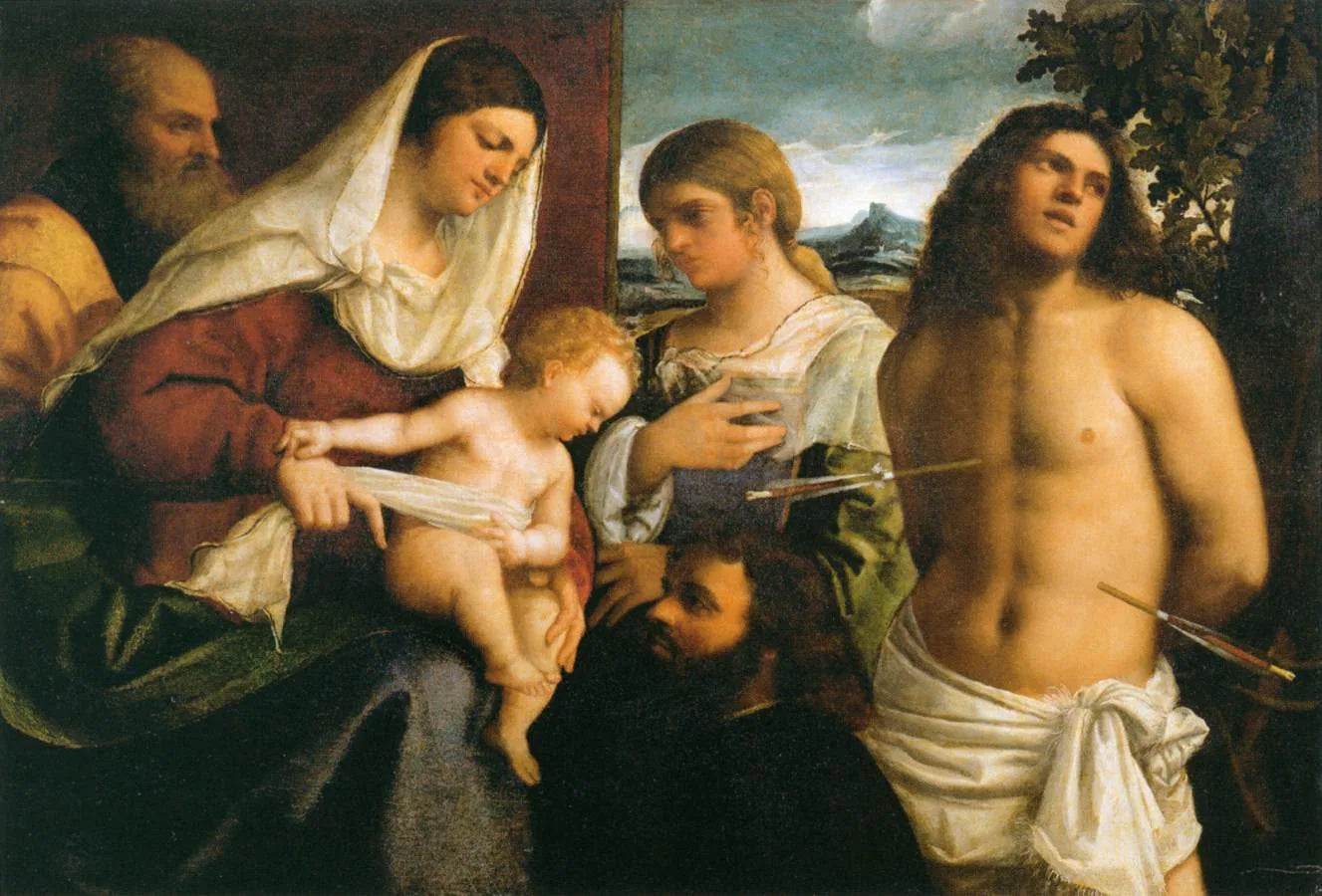 La Sainte Famille avec sainte Catherine, saint Sébastien et un donateur - Sebastiano del Piombo image 1 copie de tableau peinte à la main