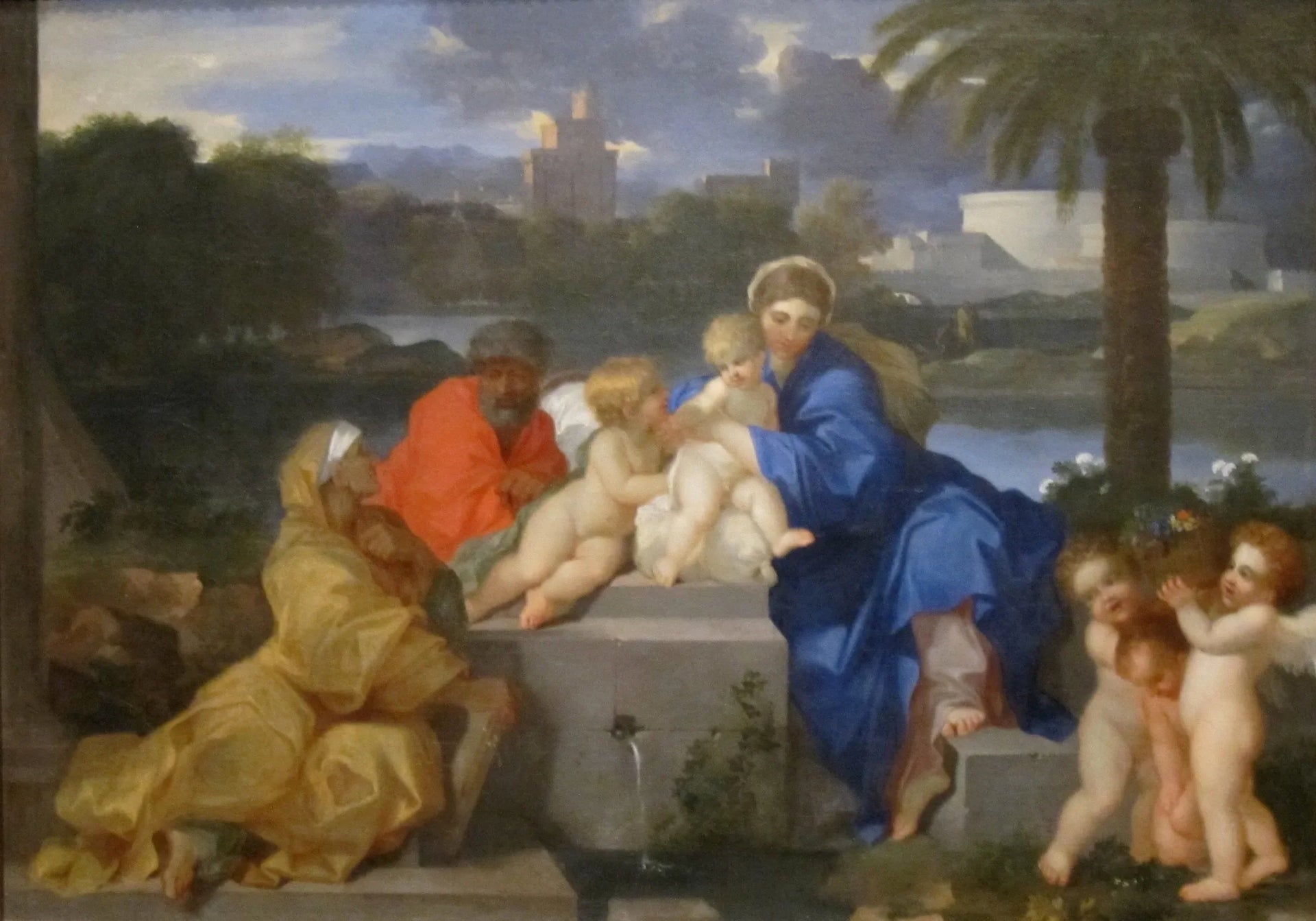 La Sainte Famille avec sainte Élisabeth et l'Enfant Jean-Baptiste - Sébastien Bourdon image 1 reproduction artisanale de tableau