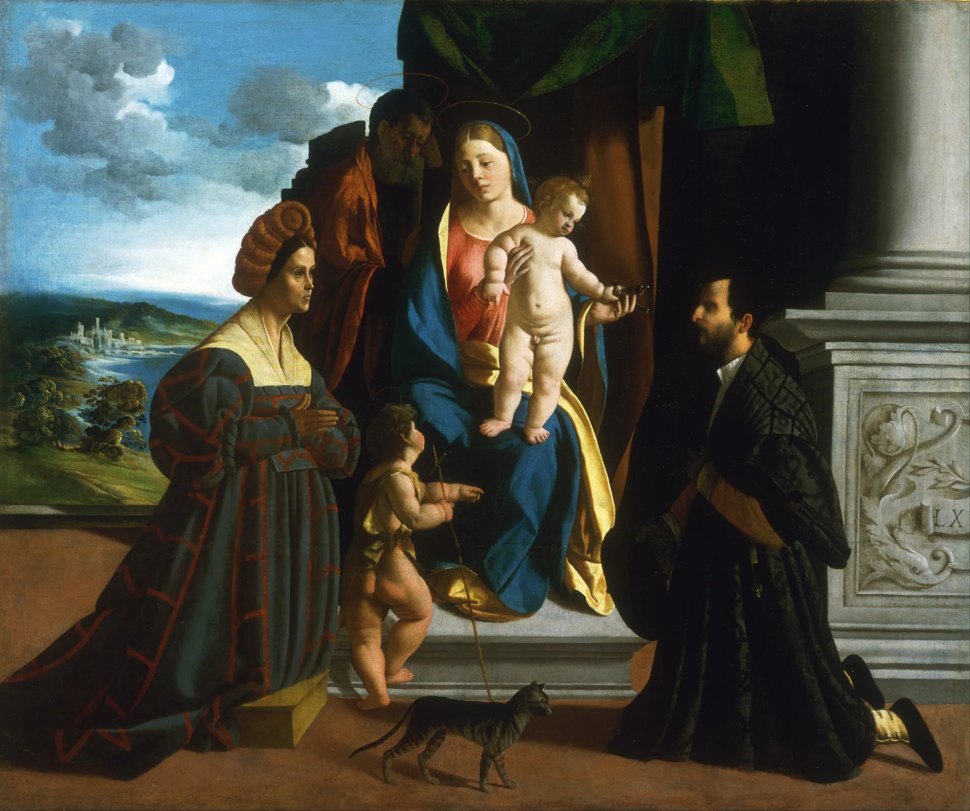 La Sainte Famille, avec le jeune saint Jean-Baptiste, un chat et deux donateurs - Dosso Dossi image 1 tableau peint à l’huile sur toile