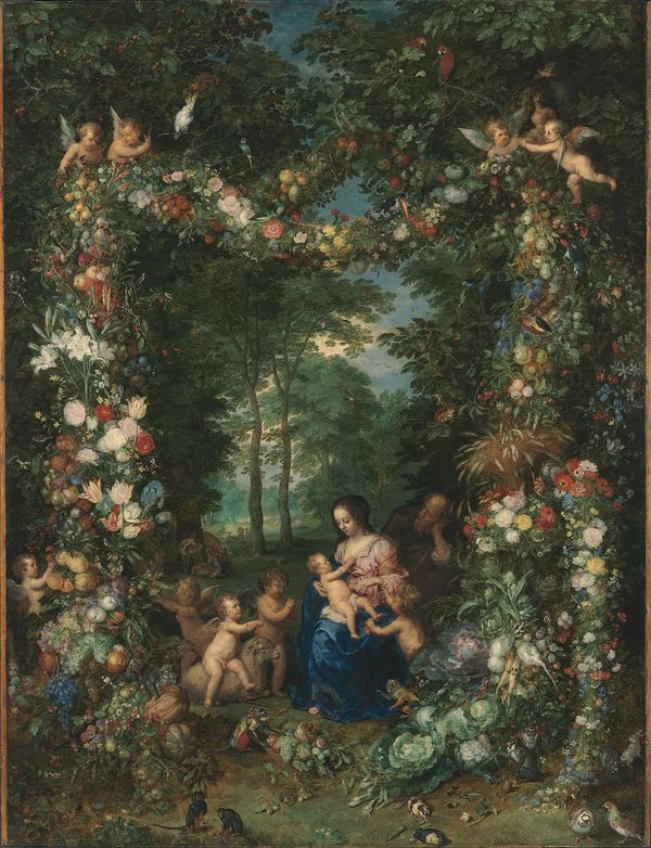 La Sainte Famille avec une guirlande de fleurs et de fruits - Jan Brueghel l'Ancien image 1 reproduction artisanale de tableau
