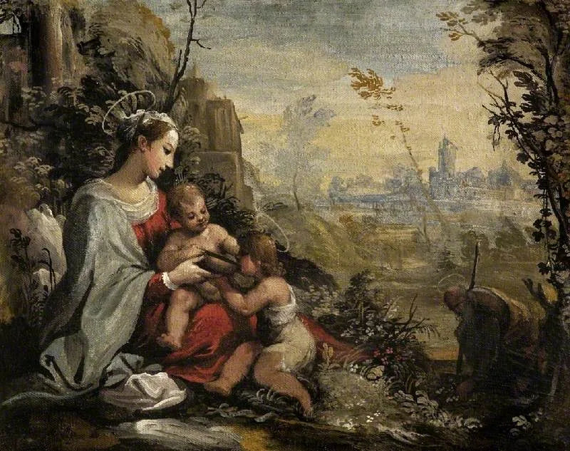La Sainte Famille en fuite rencontre le jeune saint Jean - Guercino image 1 copie de tableau peinte à la main