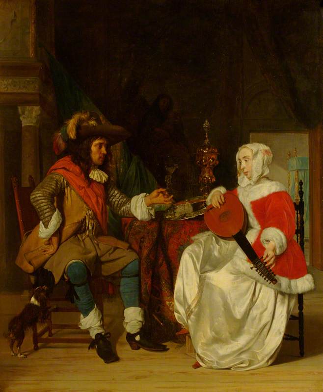 La Tête-à-Tête : une dame jouant du luth et un cavalier - Gabriel Metsu image 1 copie peinte à la main à l’huile