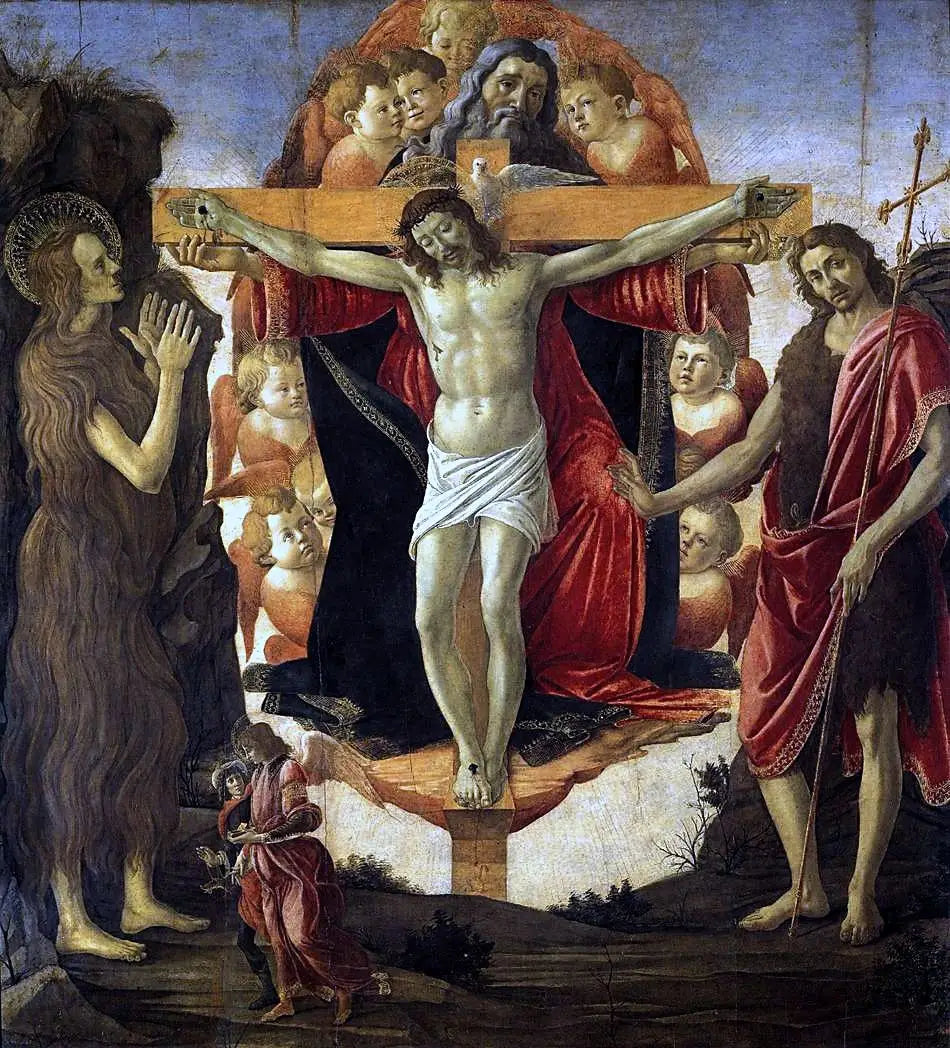 La Trinité avec sainte Marie-Madeleine et saint Jean-Baptiste, l'archange Raphaël et Tobie - Sandro Botticelli image 1 reproduction d’œuvre d’art à l’huile
