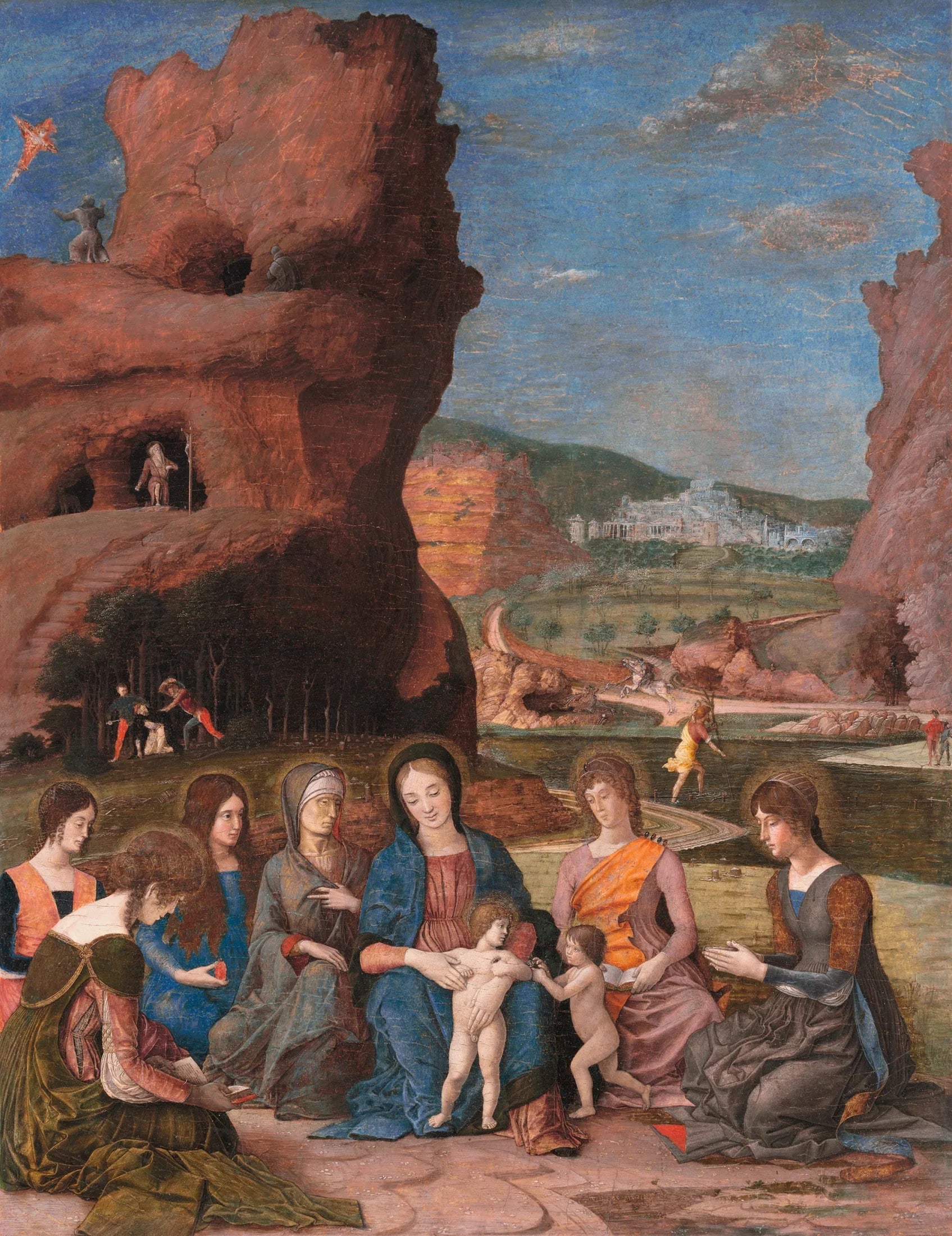 La Vierge à l'Enfant avec le petit saint Jean-Baptiste et six saintes - Andrea Mantegna image 1 tableau peint à l’huile sur toile