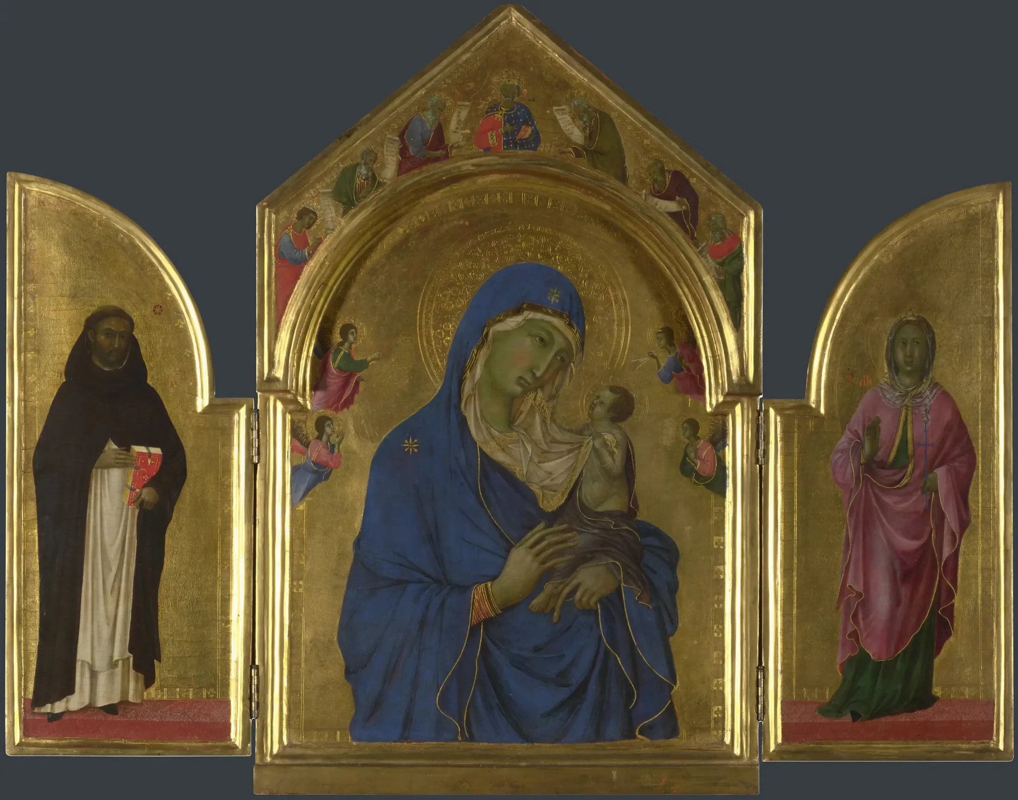 La Vierge à l'Enfant avec les saints Dominique et Auréa - Duccio di Buoninsegna image 1 reproduction de peinture à l’huile