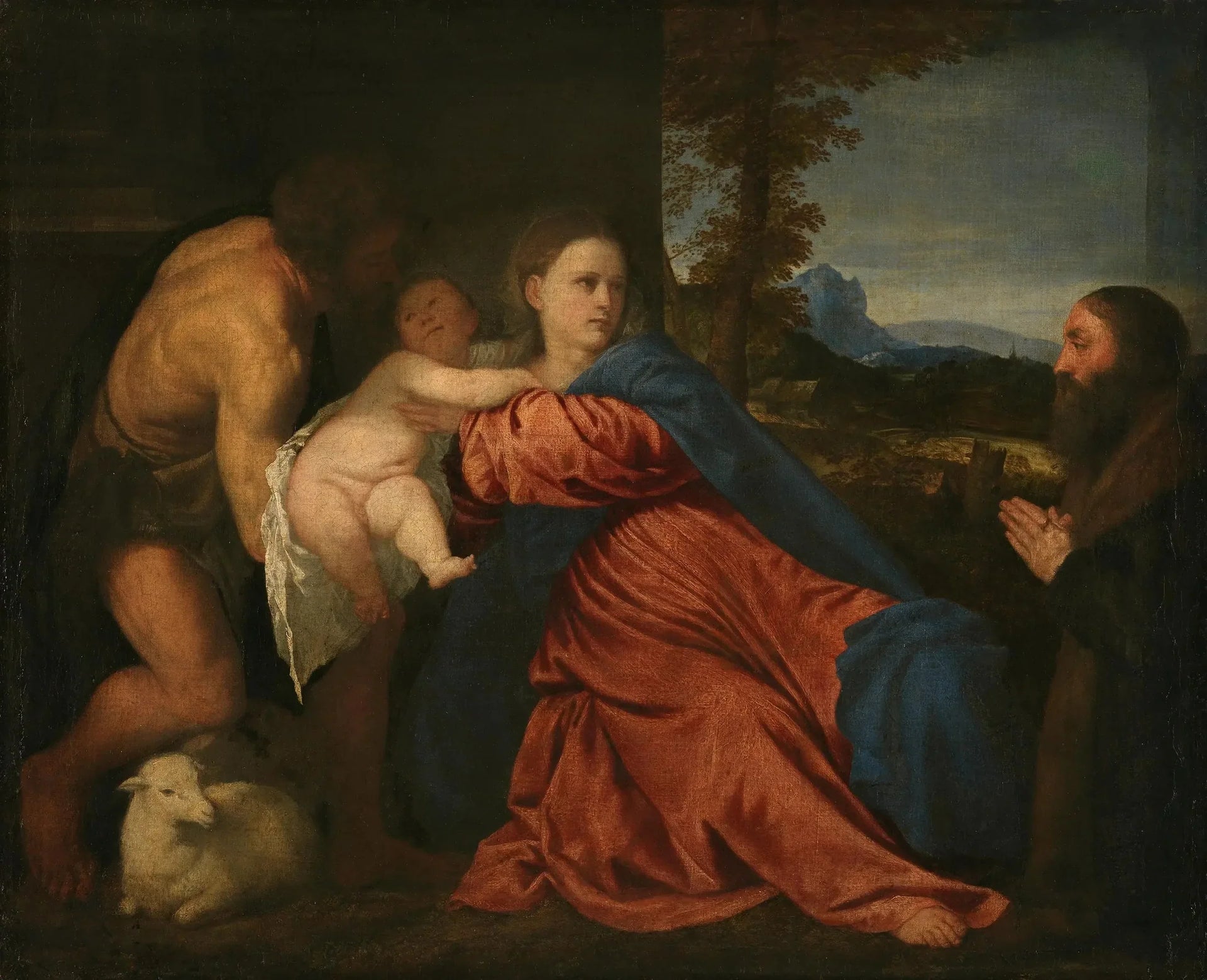 La Vierge à l'Enfant avec saint Jean et un donateur en prière - Titian image 1 reproduction réalisée par Alpha Reproduction