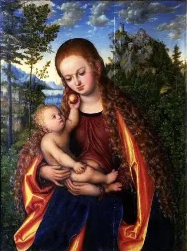 La Vierge à l'Enfant dans un paysage somptueux - Lucas Cranach the Elder image 1 reproduction de peinture à l’huile