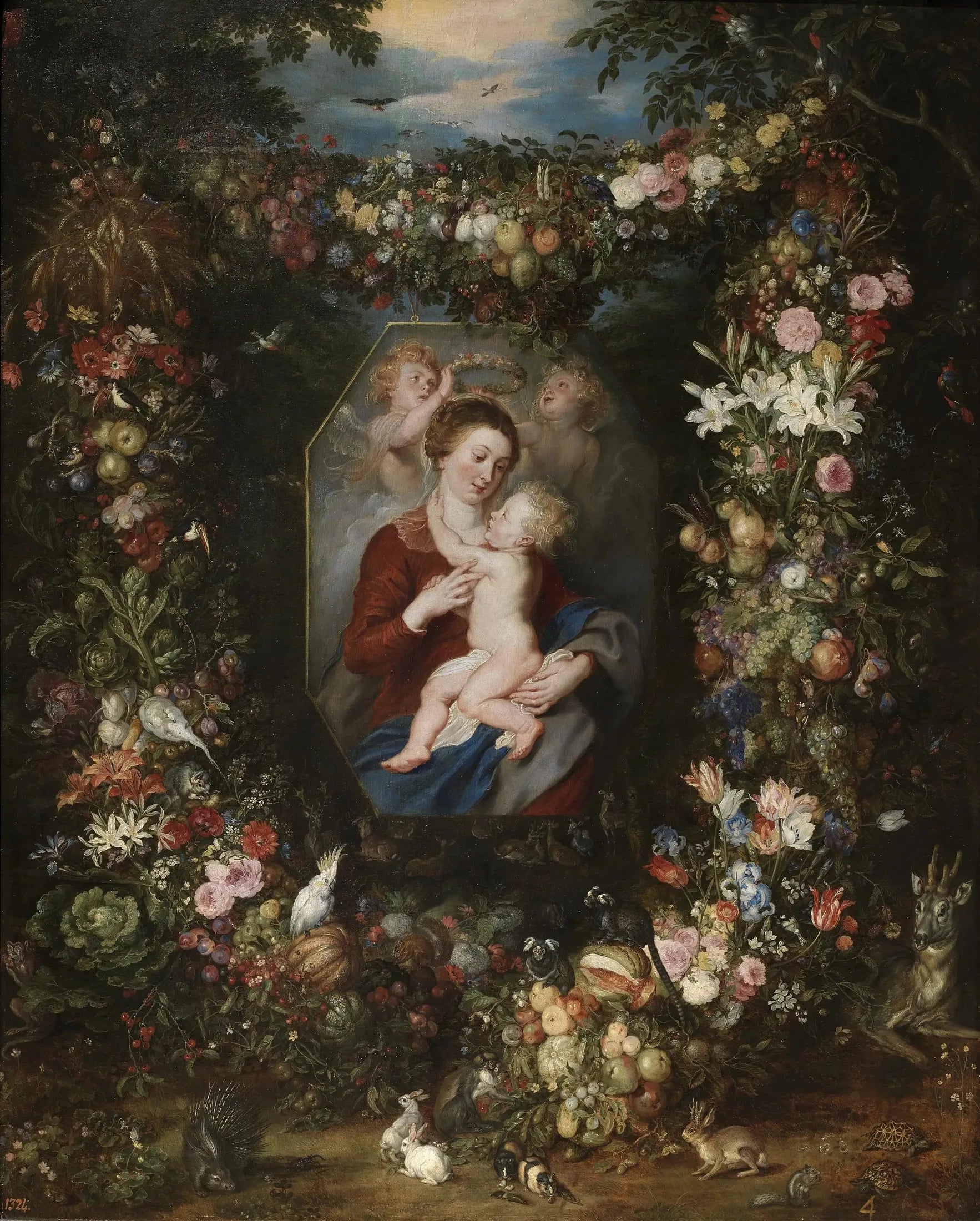 La Vierge à l'Enfant dans un tableau entouré de fruits et de fleurs - Peter Paul Rubens image 1 copie de tableau peinte à la main