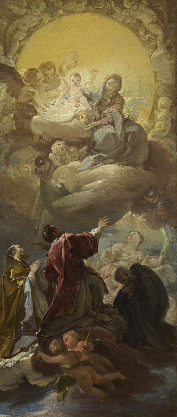 La Vierge à l'Enfant en gloire apparaissant à saint Étienne et à trois autres saints - Corrado Giaquinto image 1 copie peinte à la main à l’huile