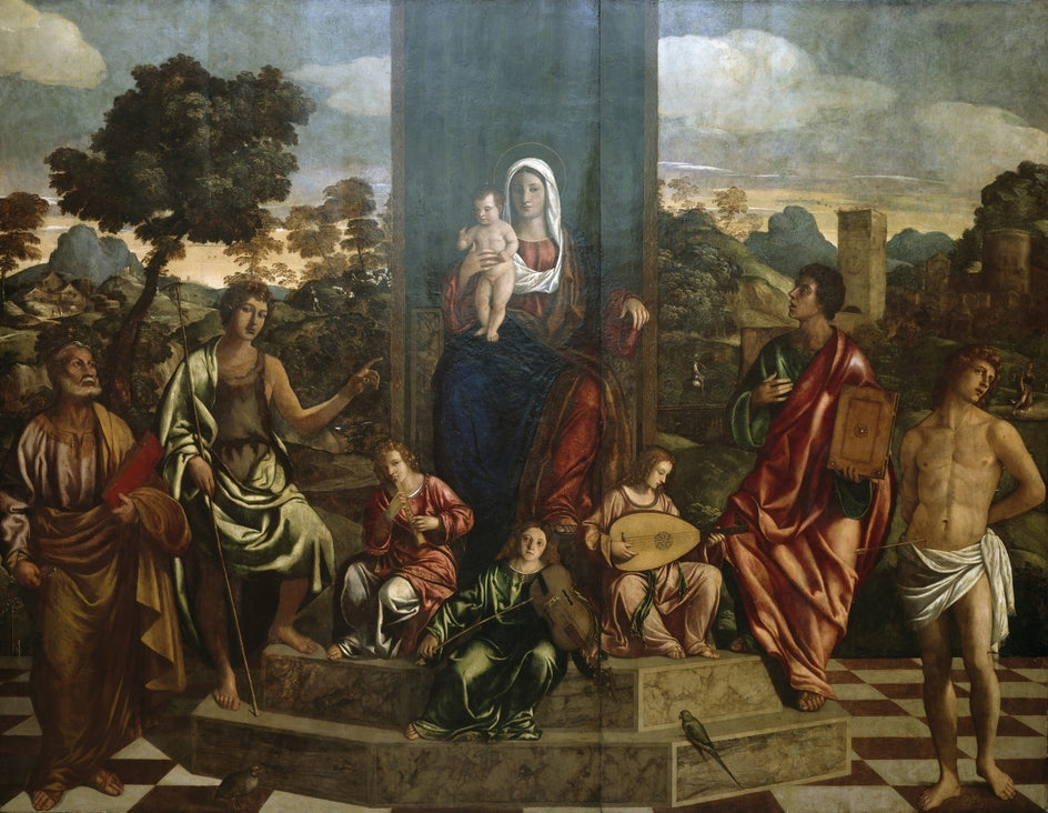 La Vierge à l'Enfant en majesté avec les saints Pierre, Jean-Baptiste, Jean l'Évangéliste, Sébastien et trois anges musiciens - Giovanni Bellini image 1 reproduction artisanale de tableau