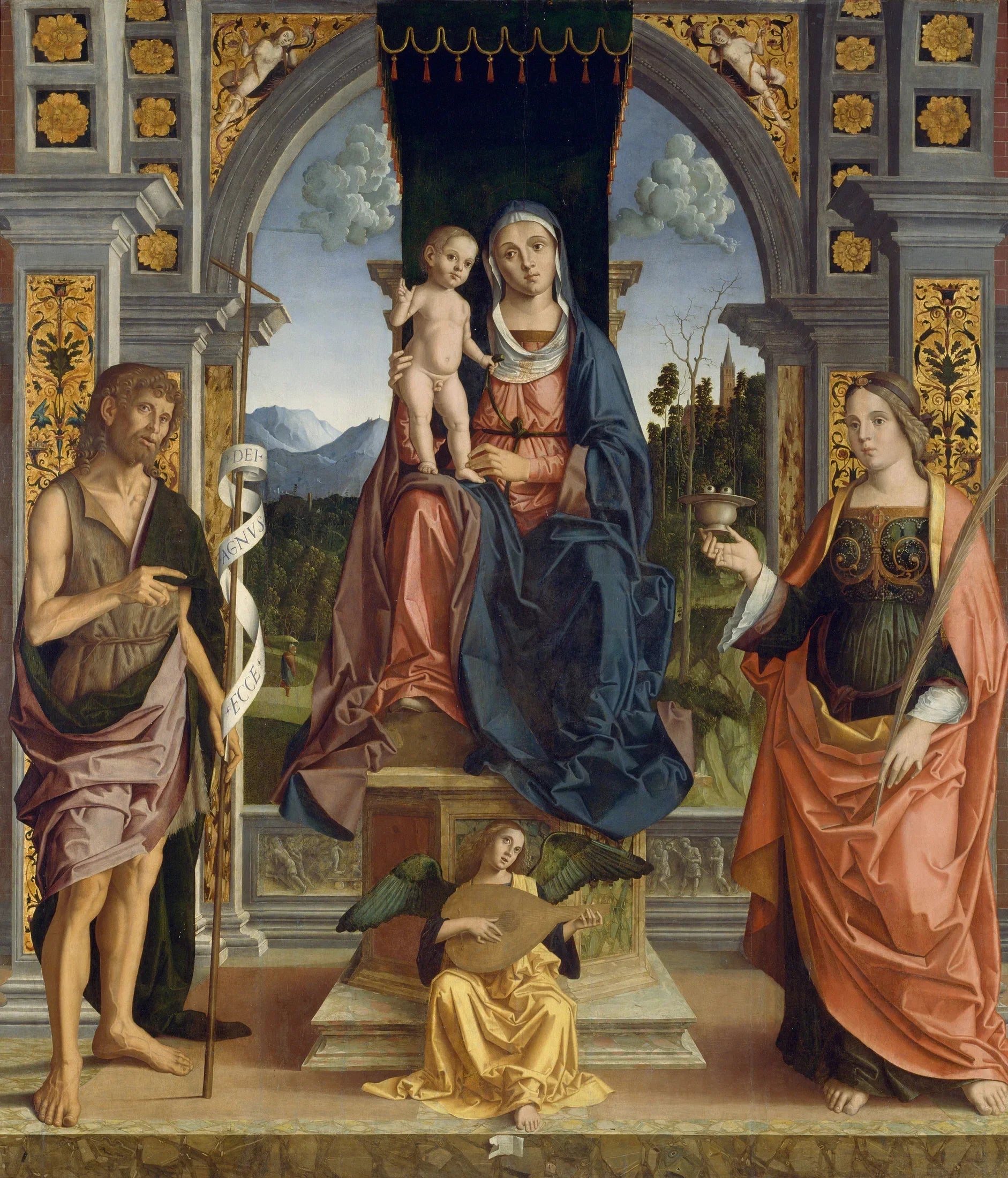 La Vierge à l'Enfant en majesté, avec saint Jean-Baptiste et sainte Lucie - Marco Palmezzano image 1 tableau peint à l’huile sur toile