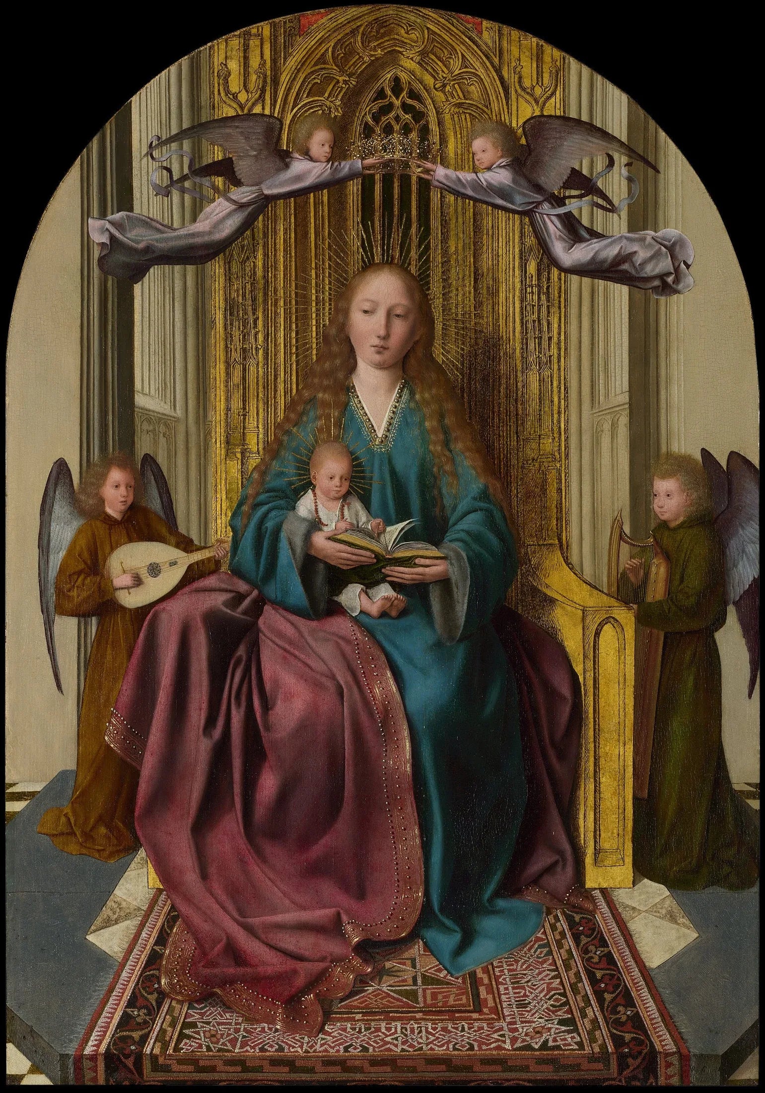 La Vierge à l'Enfant en majesté, entourée de quatre anges - Quentin Metsys image 1 copie peinte à la main à l’huile