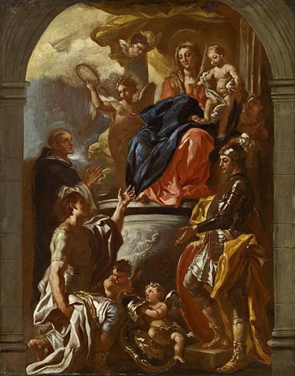 La Vierge à l'Enfant en trône avec saint Pierre martyr et deux saints guerriers - Francesco Solimena image 1 reproduction artisanale de tableau