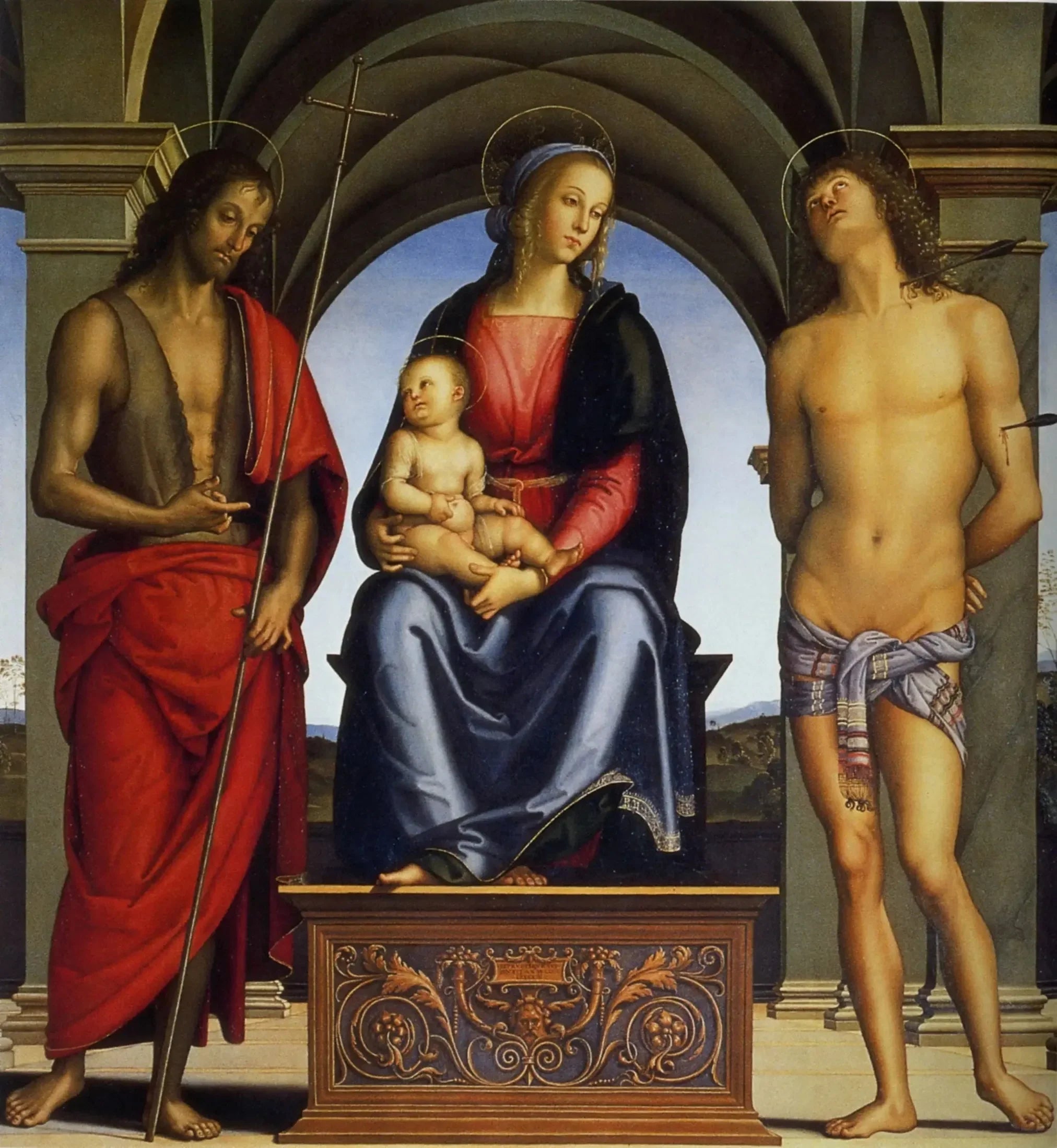 La Vierge à l'Enfant entre les saints Jean-Baptiste et Sébastien - Pietro Perugino image 1 reproduction réalisée par Alpha Reproduction