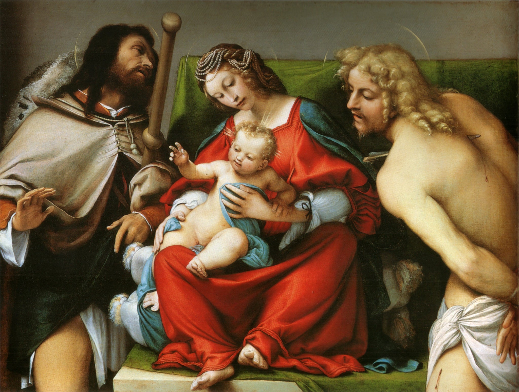La Vierge à l'Enfant et les saints Rock et Sébastien - Lorenzo Lotto image 1 reproduction de peinture à l’huile