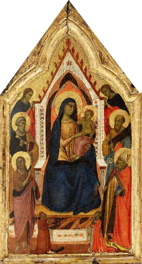 La Vierge à l'Enfant trônant, flanquée des saints Jean-Baptiste, Pierre, Paul et Zénobe (?) et de deux anges, en dessous d'eux deux donateurs - Taddeo Gaddi image 1 tableau peint à l’huile sur toile