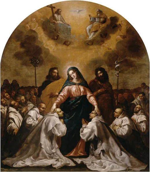 La Vierge, accompagnée de saint Joseph et de saint Jean-Baptiste, abrite l'ordre des Chartreux sous ses robes. - Vincenzo Carducci image 1 copie peinte à la main à l’huile