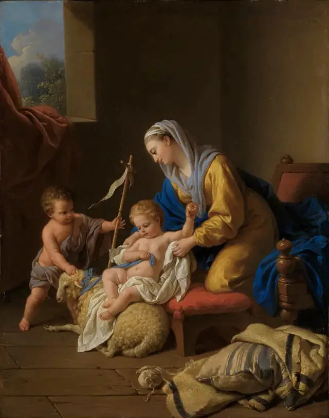 La Vierge amuse l'enfant Jésus, le petit Saint Jean avec un mouton - Louis Jean François Lagrenée image 1 tableau peint à l’huile sur toile