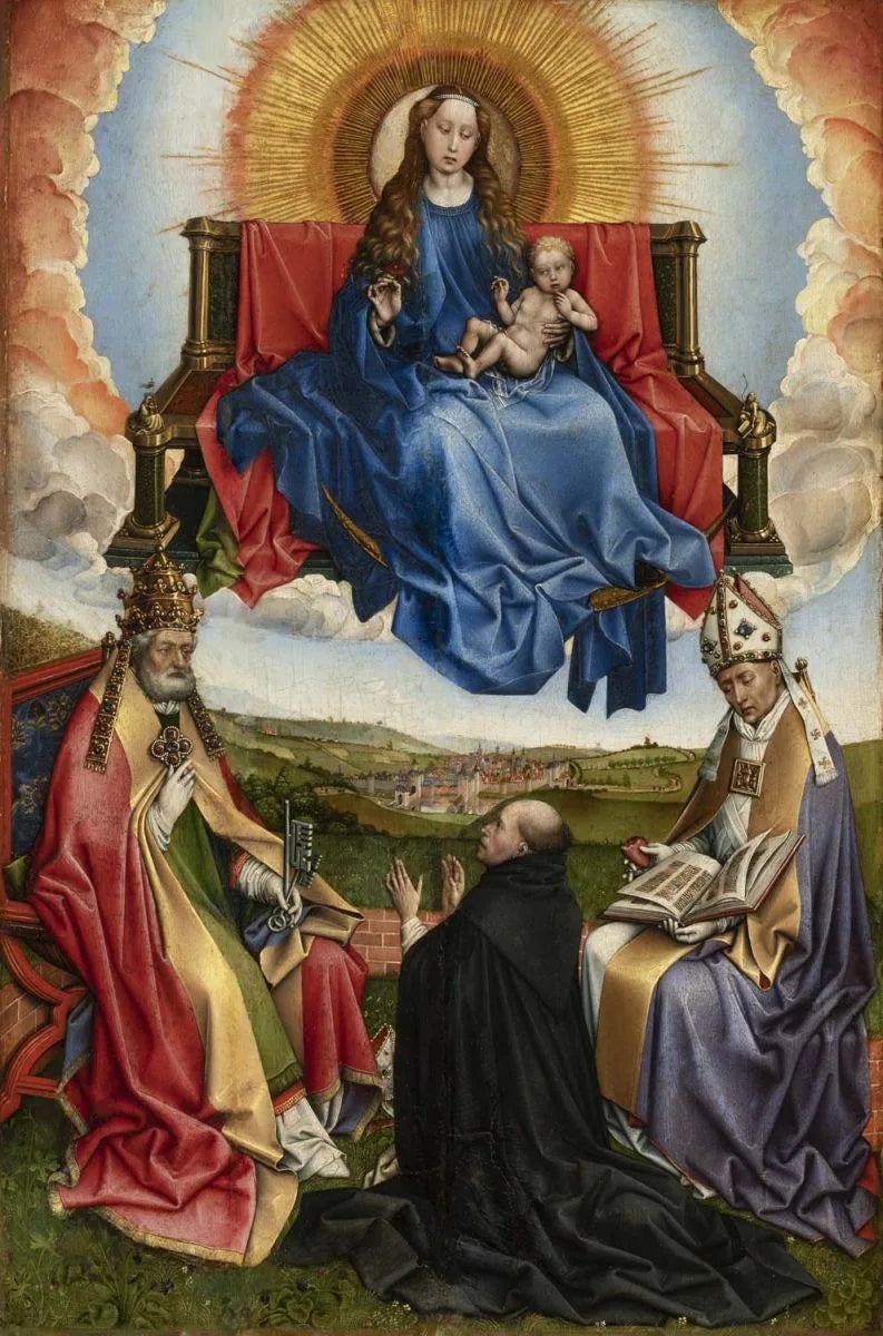 La Vierge en gloire entre saint Pierre et saint Augustin vénérée par un donateur - Robert Campin image 1 copie de tableau peinte à la main