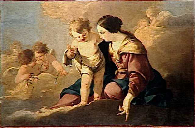 La Vierge et l'enfant apparaissant dans le ciel au milieu d'angelots - Laurent de La Hyre image 1 reproduction artisanale de tableau