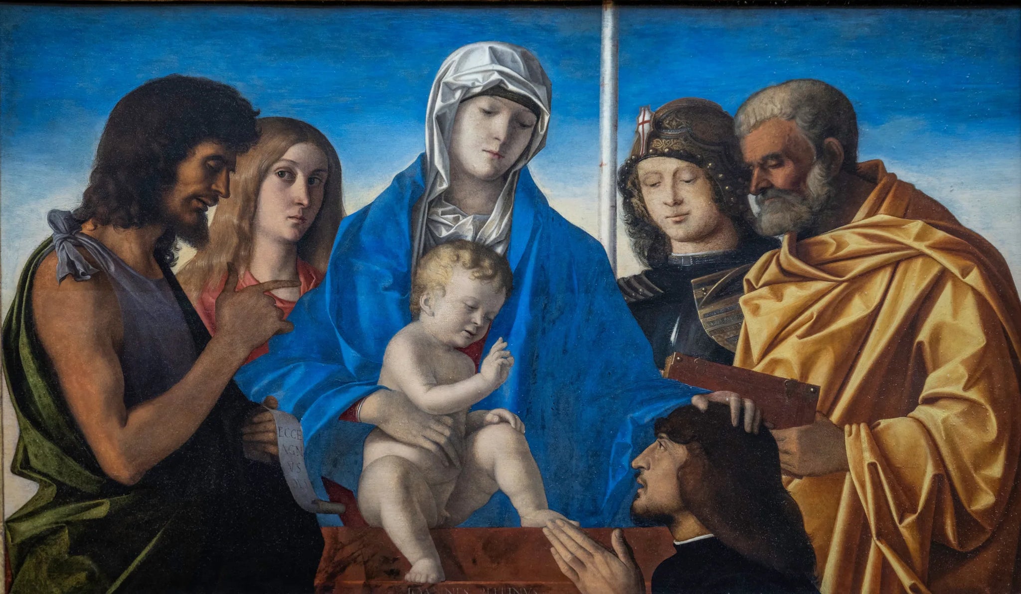 La Vierge et l'Enfant entourés de saint Jean-Baptiste, sainte Marie-Madeleine, saint Georges, saint Pierre et un donateur - Giovanni Bellini image 1 copie de tableau peinte à la main