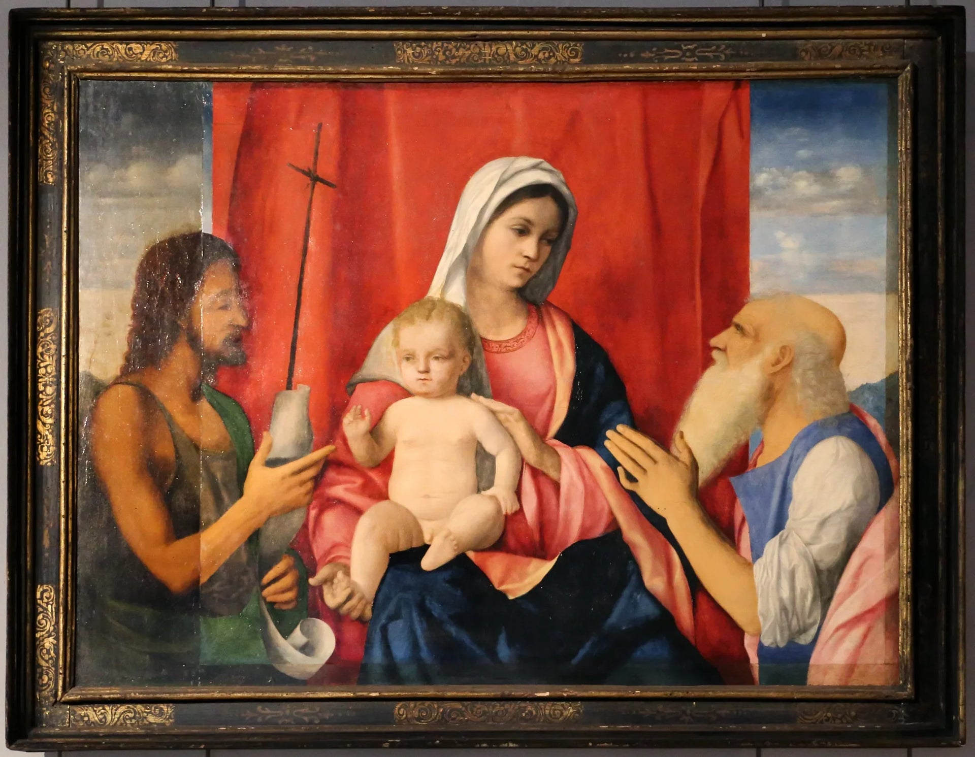 La Vierge et l'Enfant entre saint Jean Baptiste et saint Jérôme - Giovanni Bellini image 1 copie de tableau peinte à la main