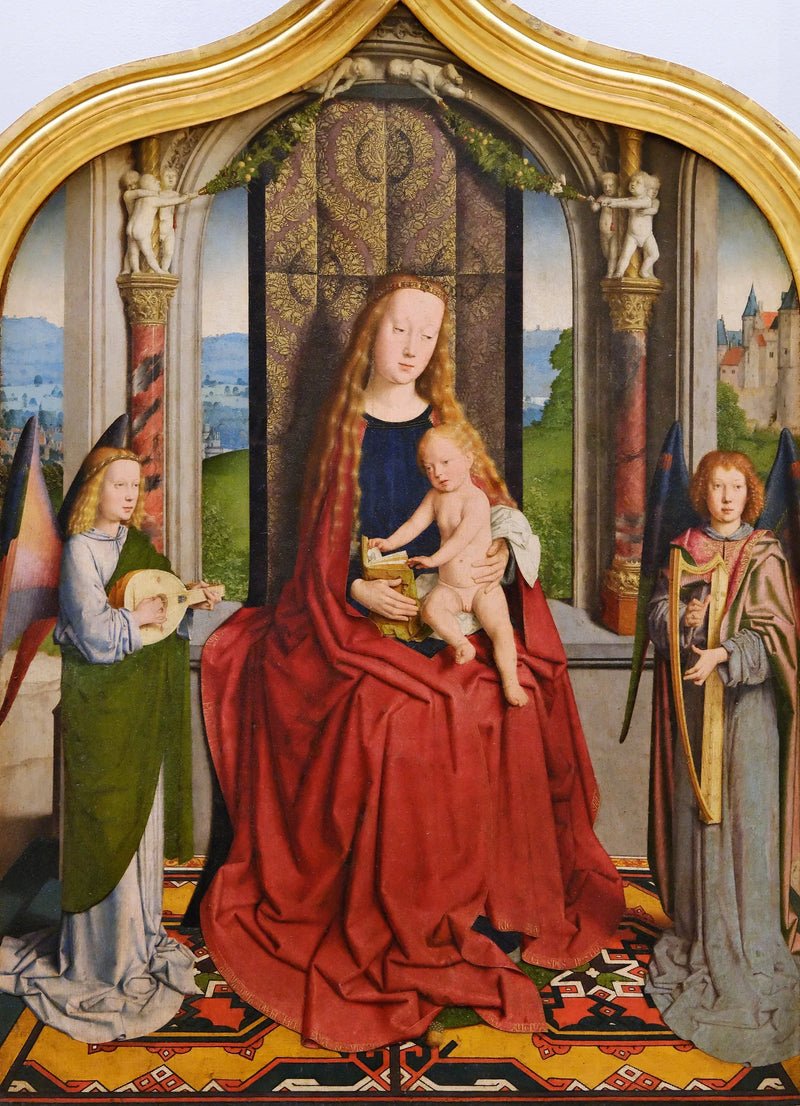 La Vierge et l'Enfant trônant en reine du ciel, entre deux anges musiciens - Gérard David