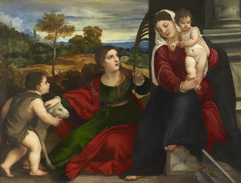 La Vierge, l'Enfant, sainte Agnès et saint Jean-Baptiste - Titian image 1 reproduction réalisée par Alpha Reproduction