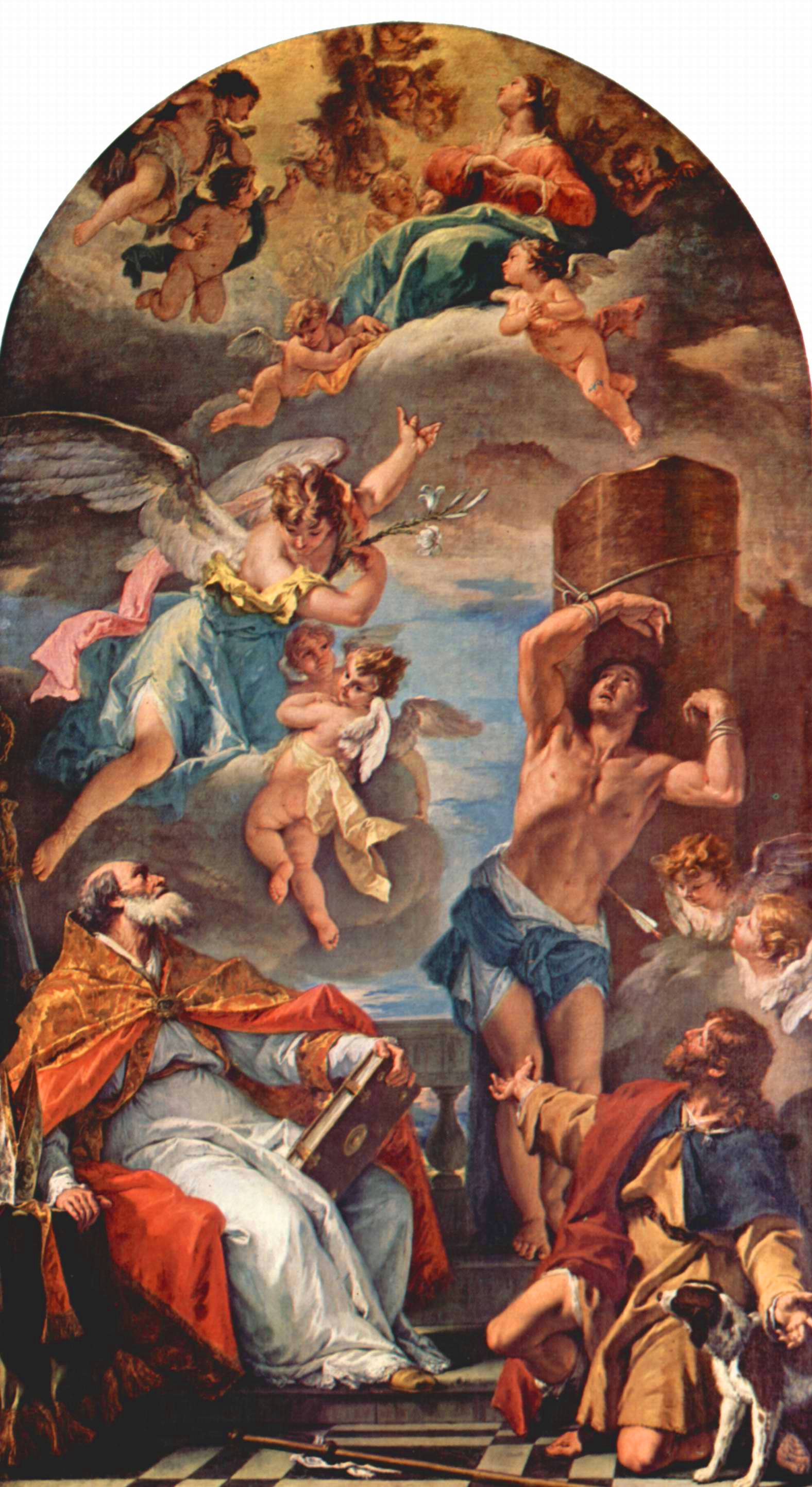 La Vierge Marie en gloire avec l'archange Gabriel et saint Eusèbe, saint Sébastien et saint Roch - Sebastiano Ricci image 1 copie de tableau peinte à la main