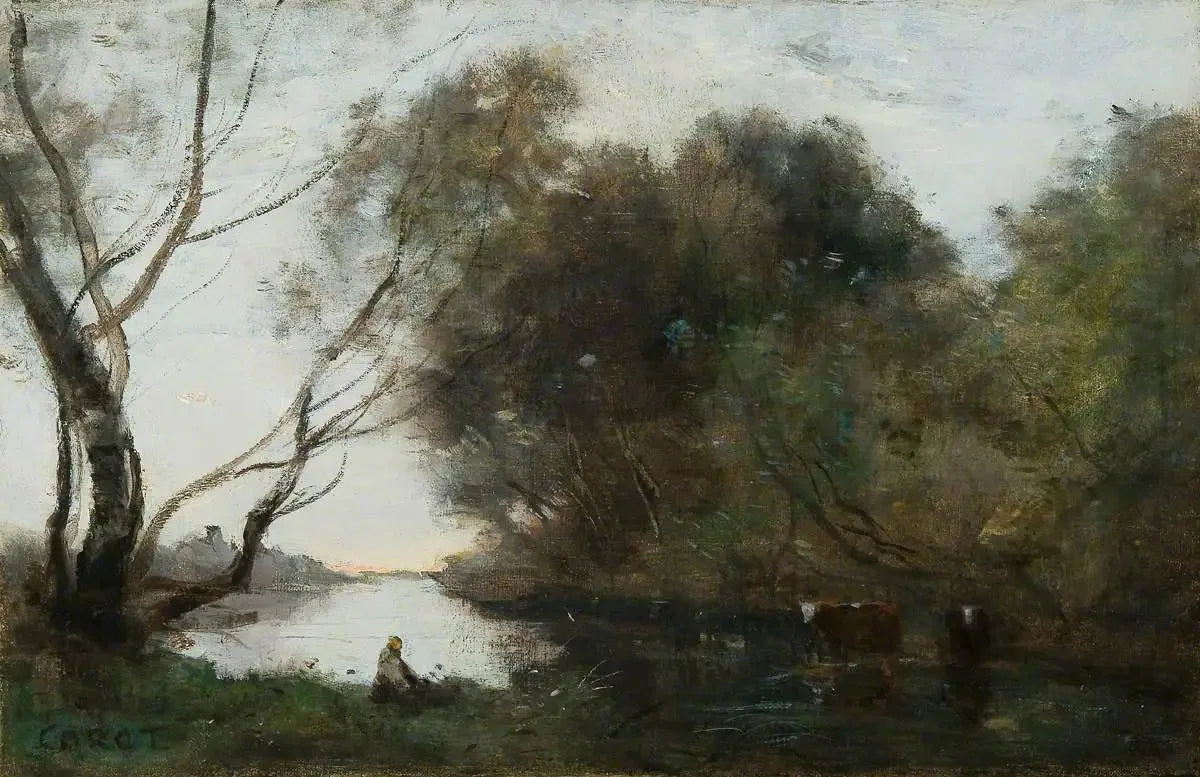 Lac : Coucher de soleil - Jean-Baptiste Camille Corot image 1 copie peinte à la main à l’huile