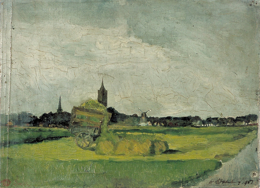 Landschap met hooikar, kerktorens en molen - Theo van Doesburg